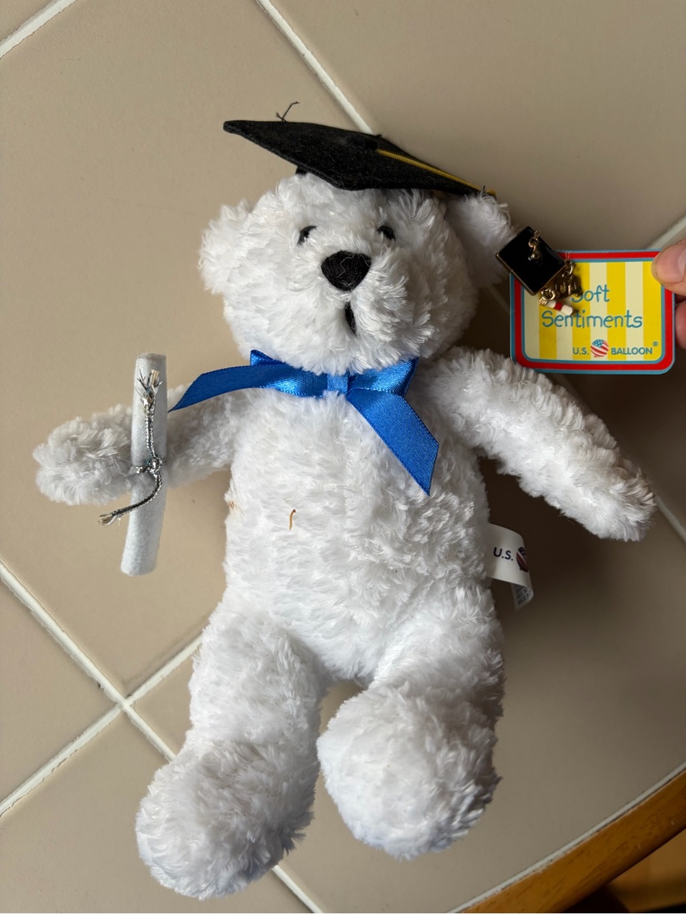 Plush White Graduation Bear with Charm & Black Cap, Blue Bow